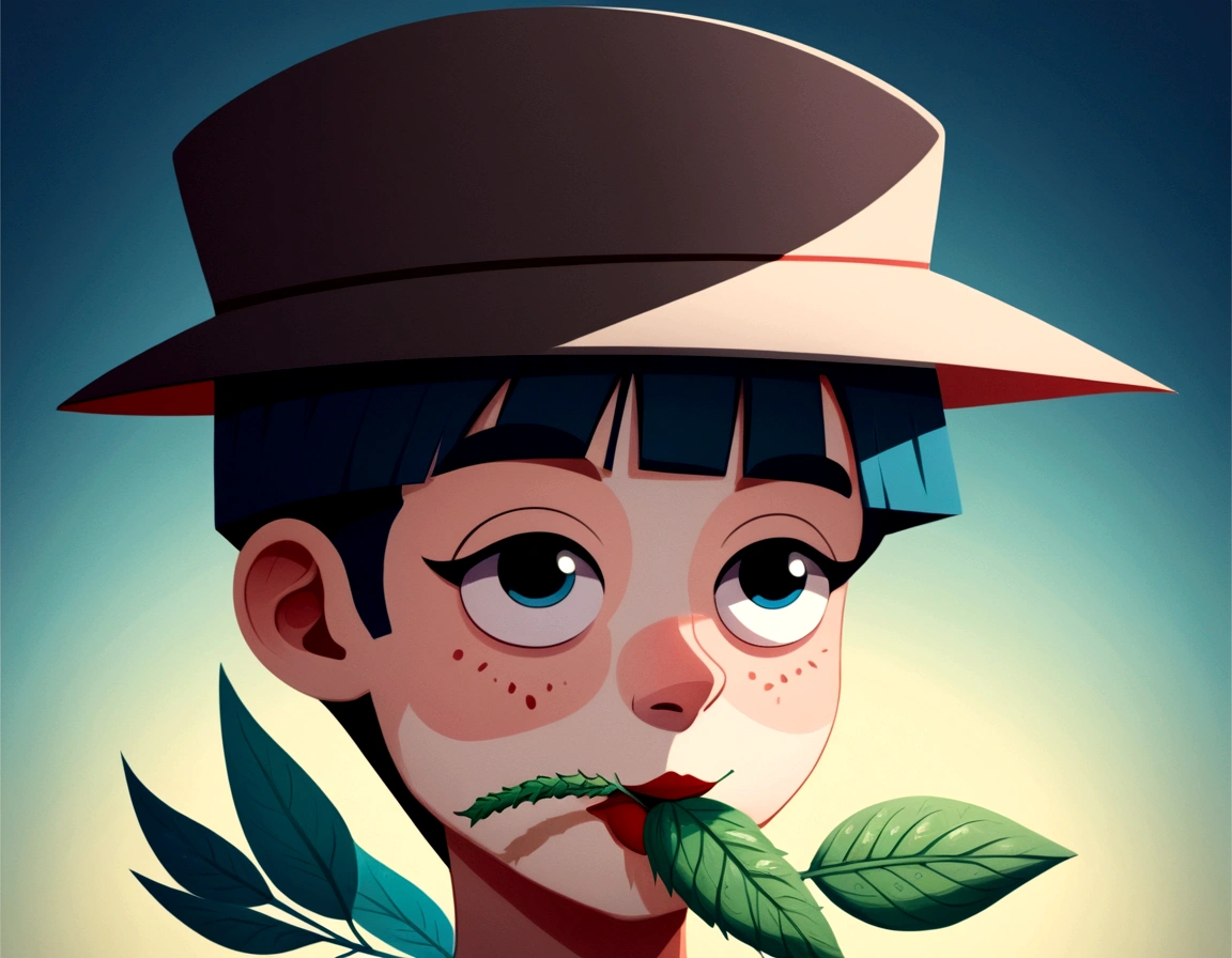 (work of art, best qualityer, very aesthetic, ultra detaild),cartoon boy with a hat and a branch of marijuana leaf in his mouth, character retrato de me, shadowed!!!, stylized portrait, lofi portrait, cartoon art style