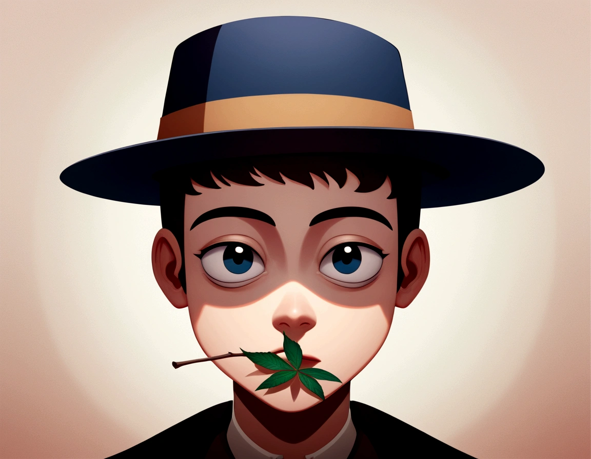 (work of art, best qualityer, very aesthetic, ultra detaild),cartoon boy with a hat and a branch of marijuana leaf in his mouth, character retrato de me, shadowed!!!, stylized portrait, lofi portrait, cartoon art style