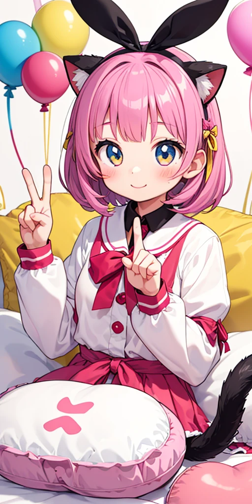 Character:
Girl (human)
Cat ears (animal feature)
Tail (animal feature)
Smiling expression
Making a peace sign with fingers
Ribbon (accessory)
Environment:
Pink kawaii room
Details:
Upper body only (no legs shown)
Holding a heart-shaped item (optional: specify what kind of item, like a pillow or balloon)