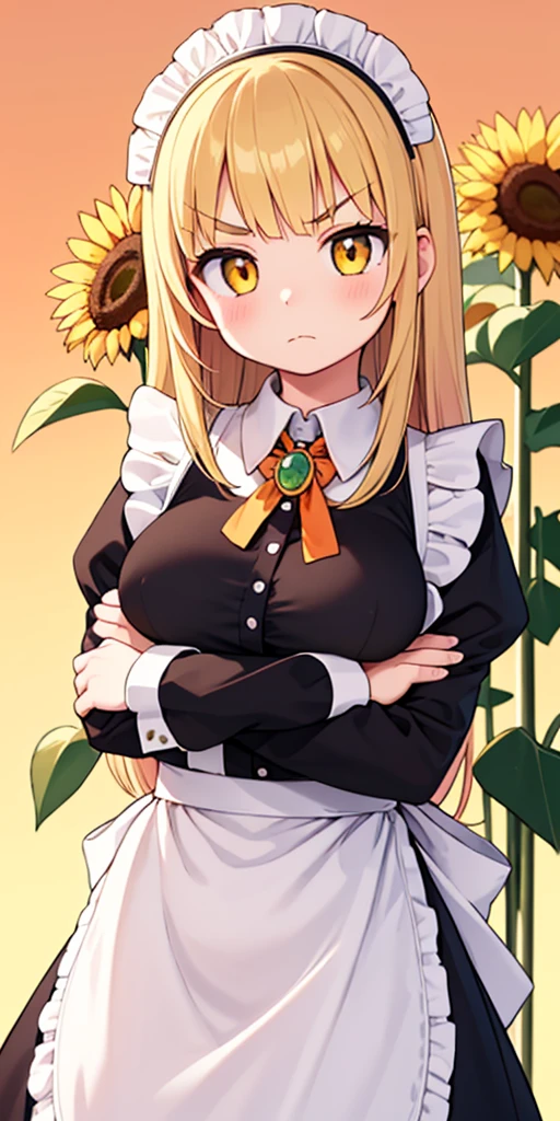 1girl, apron, blonde hair, bow, breast hold, breasts, brooch, closed mouth, crossed arms, dress, dusk, enmaided, evening, frown, ginkgo leaf, gradient, gradient background, long hair, long sleeves, looking at viewer, maid, maid apron, maid headdress, medium breasts, orange background, orange sky, orange theme, ribbon, solo, sunflower, sunset, v-shaped eyebrows, white apron, yellow background, yellow sky, yellow theme