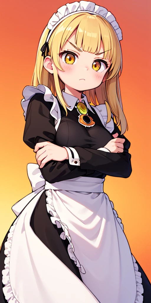 1girl, apron, blonde hair, bow, breast hold, breasts, brooch, closed mouth, crossed arms, dress, dusk, enmaided, evening, frown, ginkgo leaf, gradient, gradient background, long hair, long sleeves, looking at viewer, maid, maid apron, maid headdress, medium breasts, orange background, orange sky, orange theme, ribbon, solo, sunflower, sunset, v-shaped eyebrows, white apron, yellow background, yellow sky, yellow theme