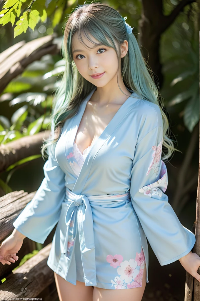 Beautiful girl,mint green mixed jade hair, huge breasts, wearing a bare-chested kimono, sexy post, in the bathroom ancient thai style.