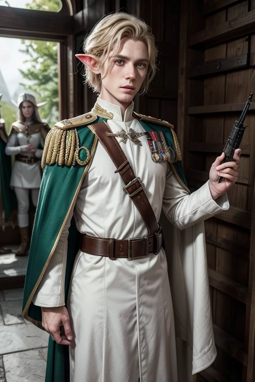 Draw a male and brave elven commander with white uniform and cape talking with a little soldier's formation row of elves, they are at the second industrial age using world war 2 guns and uniforms.