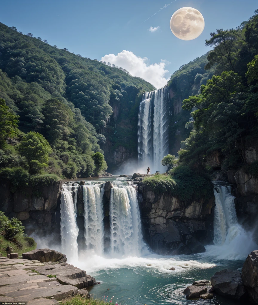 Bright moon in the sky, the independent edge of the knights, looking at the top of Lushan Mountain, the waterfall is like the sky falling white Lian, from the top of the mountain flying down, straight into the deep pool, sound like thunder, magnificent, and eventually into a spectacular scene, although the waterfall is silent, but with its pentium the potential to interpret the chivalrous spirit of courage.
