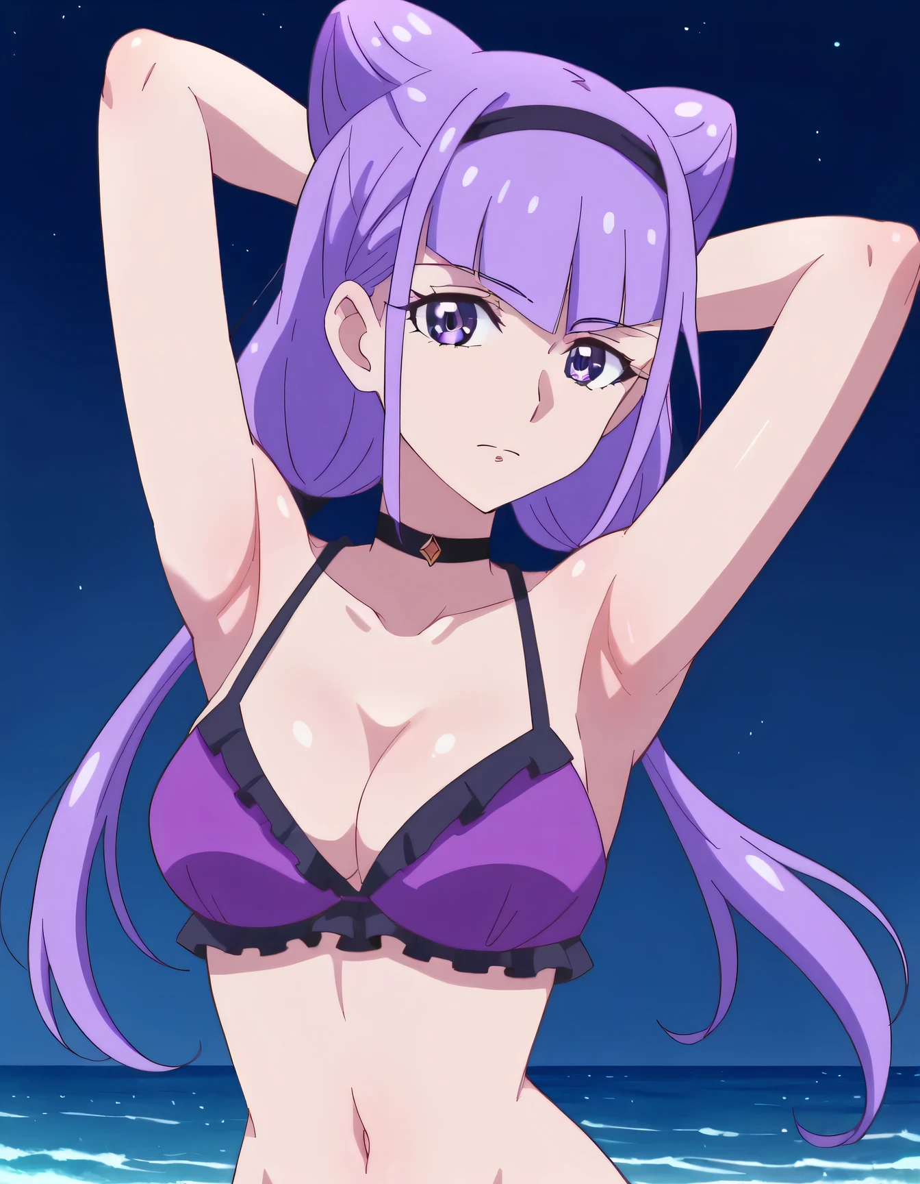 ruru amour, purple hair, hair cones, bangs, purple eyes, hairband, low twintails, purple bikini, frilled bikini, black choker,, shiny skin, high quality, solo, 1girl, night sky, beach, arm behind head, finger on armpit, (contrapposto), closed mouth, spread armpits, (cowboy shot:1.5), looking at viewer, best quality, expressionless,