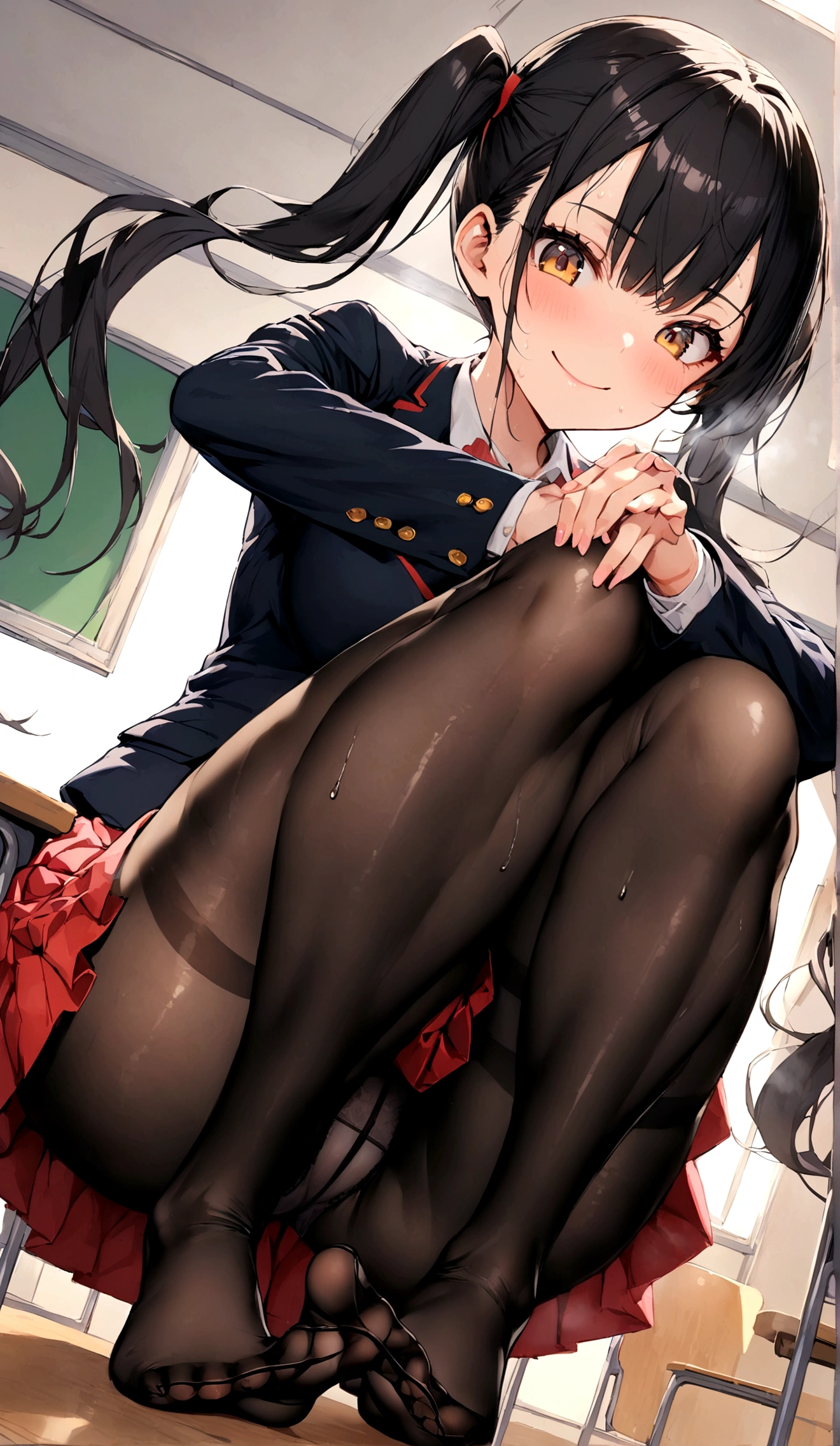 One girl in a mini skirt, Squat with your legs wide apart、Looking down at the viewer, Twin tails, Highest quality, Focus on the thighs, Dynamic pose, smile, blazer, blouse, Black Pantyhose, panties under pantyhose, , classroom, Black Hair,My thighs are steaming between the legs 、Sweaty pantyhose、Show the soles of your feet here