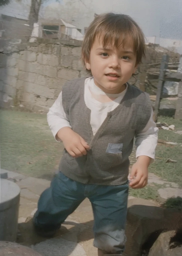 The image shows a young walking outdoors, wearing a vest over a white shirt. The appears to be a boy.