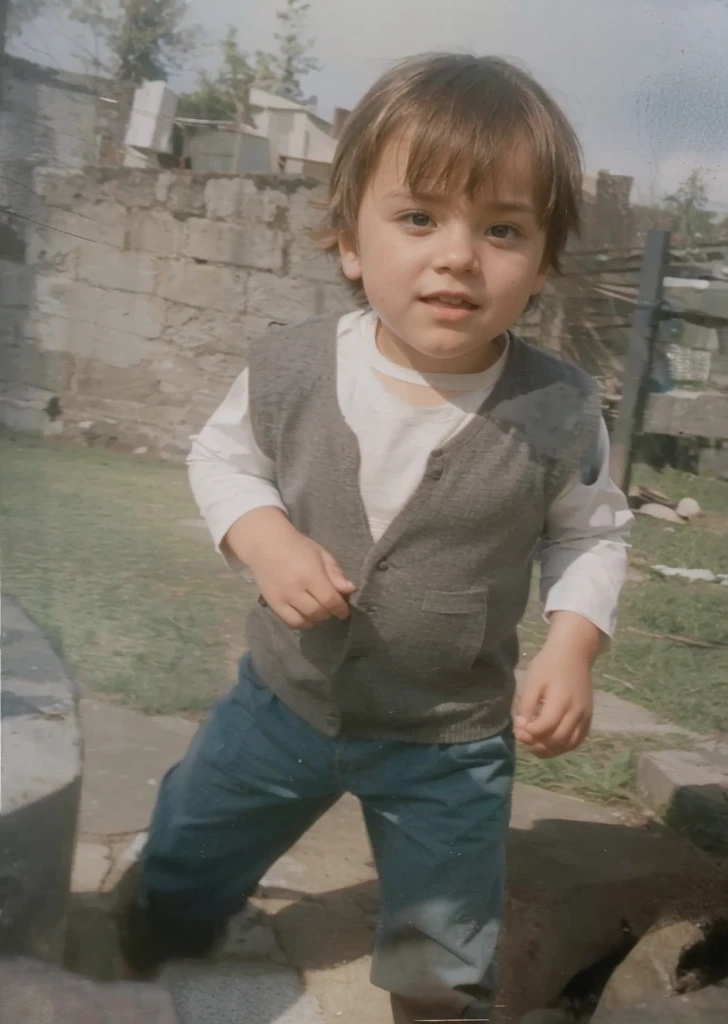 The image shows a young walking outdoors, wearing a vest over a white shirt. The appears to be a boy.