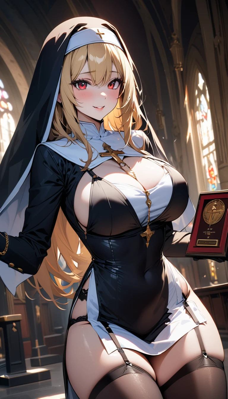 One girl, Blonde, Red eyes, Large Breasts, Wide Hips, Nun costume, A shy smile, Mature Woman, Church Background, Textured skin, Ultra-high resolution, Ultra-high resolution, Ultra-high resolution, Ultra-high resolution, Awards, Attention to detail, Incredible high key lighting and shadows, masterpiece, Great illustrations、Knee-high socks、garter belt、Long gloves