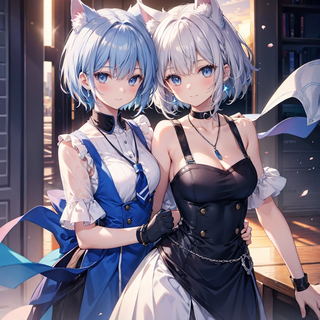 Gray Hair blue eyes short hair have student Cat ear Nice Blue Earrings necklace gloves beauty thin Sailor suit Fantasy smile sunset Fluffy hair