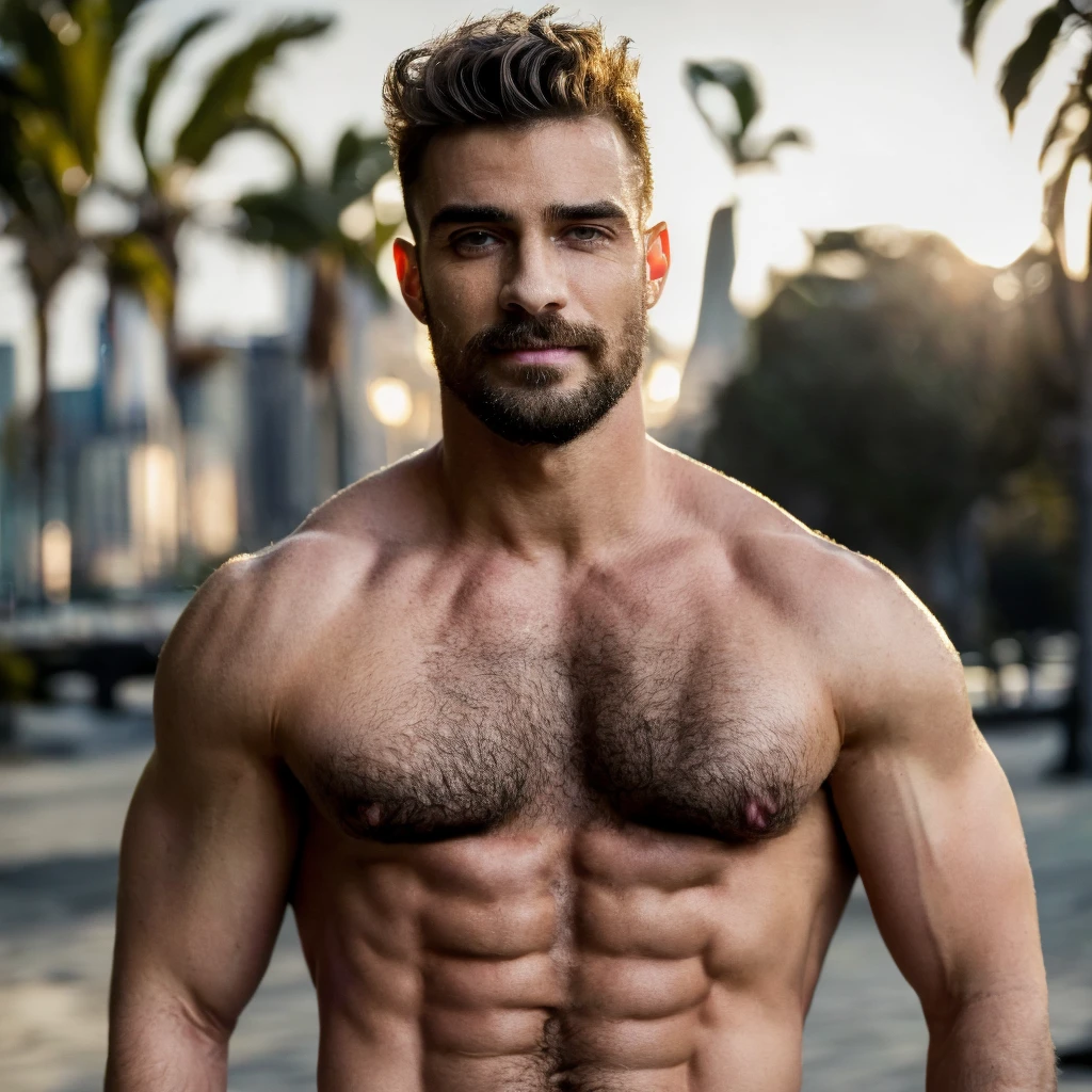 a handsome 20yo man, shirtless, in a park, natural lighting, studio lighting, sophisticated elegant mood, stained, highly detailed, cinematic film quality, award-winning photography, casual style, masculine broad shoulders, perfect facial features, cocky smirk, facial hair, full beard, caucasian, looking at viewer, chill, feel good,(best quality, 8k, highres, masterpiece:1.2),(realistic, photorealistic, photo-realistic:1.37), RAW, HDR, UHD, studio lighting, sharp focus, professional, vivid colors, bokeh