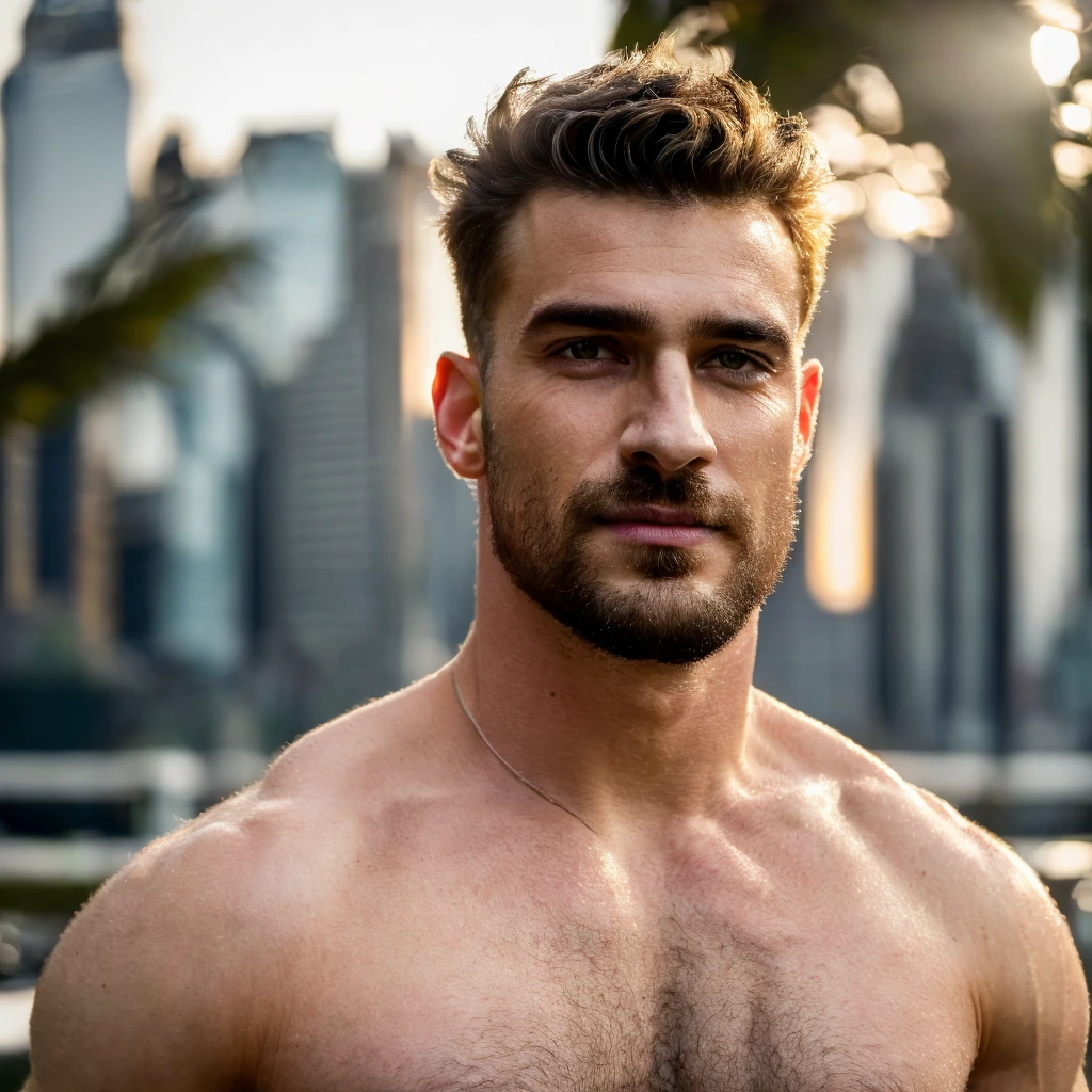 a handsome 20yo man, shirtless, in a park, natural lighting, studio lighting, sophisticated elegant mood, stained, highly detailed, cinematic film quality, award-winning photography, casual style, masculine broad shoulders, perfect facial features, cocky smirk, facial hair, full beard, caucasian, looking at viewer, chill, feel good,(best quality, 8k, highres, masterpiece:1.2),(realistic, photorealistic, photo-realistic:1.37), RAW, HDR, UHD, studio lighting, sharp focus, professional, vivid colors, bokeh