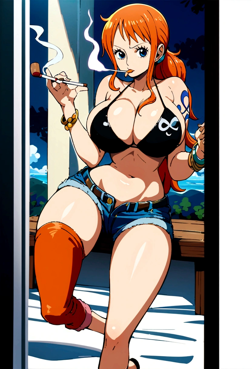 a cartoon picture of a woman in a bikini top and jeans, nami one piece, nami from one piece, nami, beautiful portrait of nami, from one piece, oppai, blue eyes, smoking, ponytail, nsfw