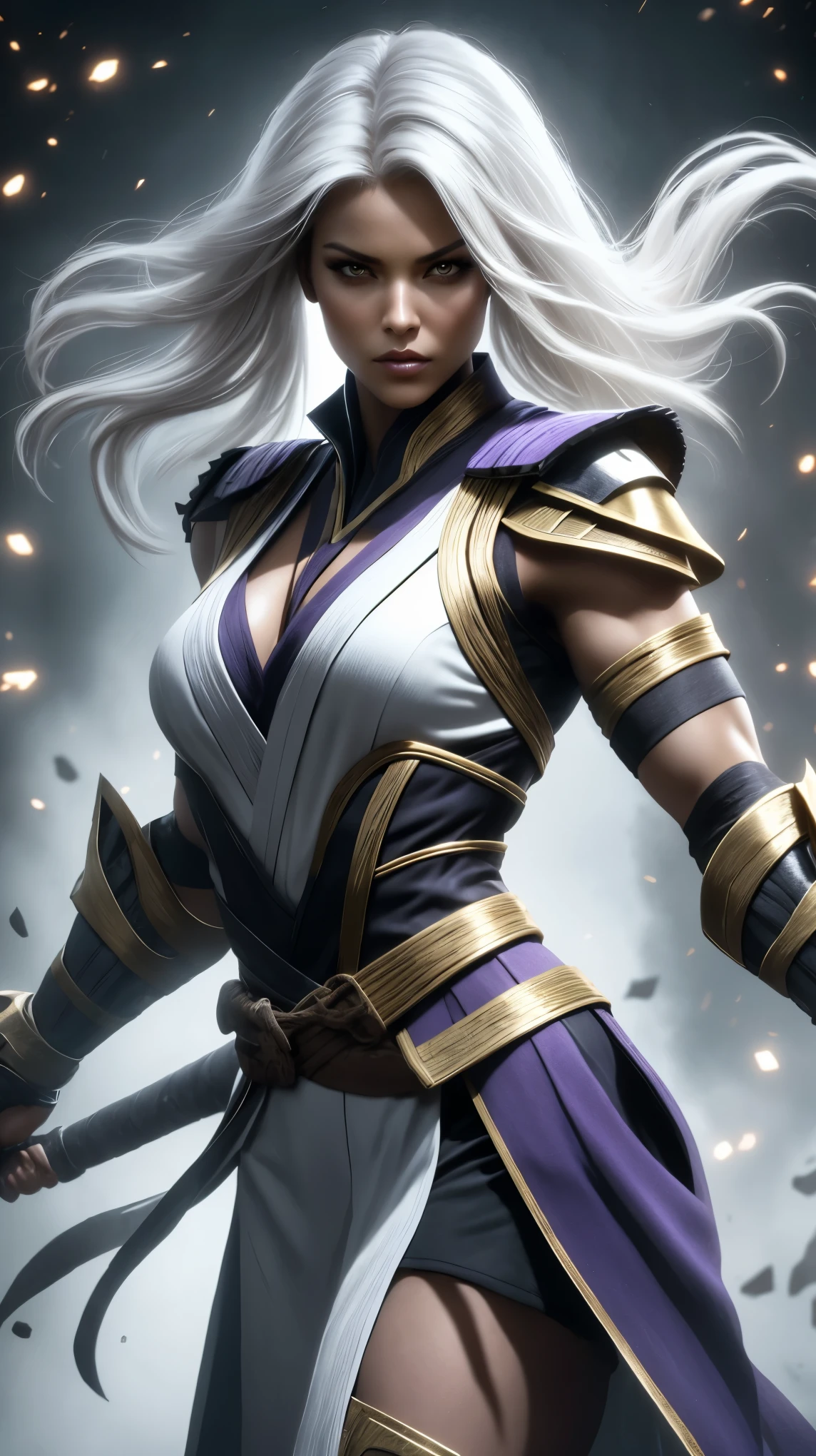 A beautiful and sexy warrior with long white hair and bright purple eyes wearing a white kimono with gold details in the Mortal Kombat 11 style