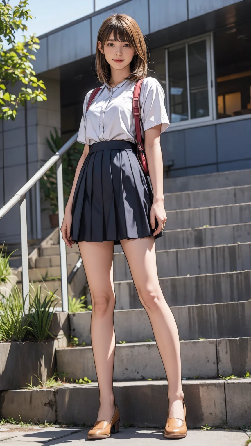 ((masterpiece)),(((Highest quality))),Thin thighs,Long legs,An 18-year-old woman standing on the steps of her school,Japan uniform:1.5,White camellia floral lace bra:1.5,open chest white shirt,The best smile,Short blonde hair:1.5,short side wave,Carrying a black backpack,Wear black loafers,