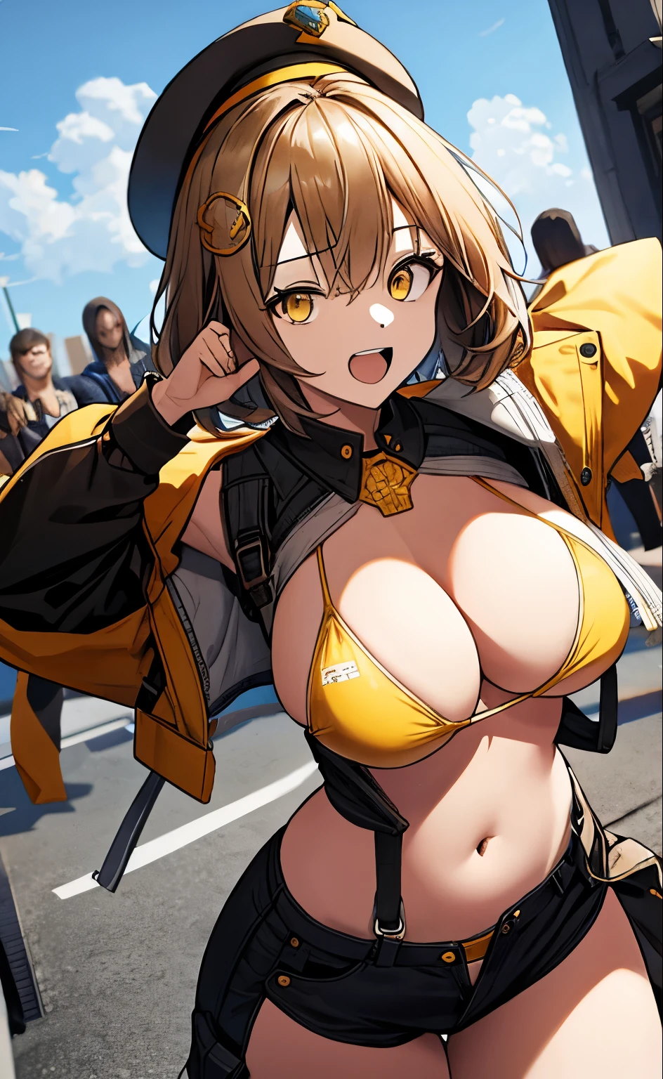best qualtiy、Ultra-detail、、1 girl in、solo、in nikkean、Cross-eyed、short-hair、open open mouth、large full breasts、Brown hair、hair adornments、Brown-eyed、Yellow eyes、beret、cowboy shot、a white bikini、Sunglasses on the head)、Raise your hands up、spreading arms widely、