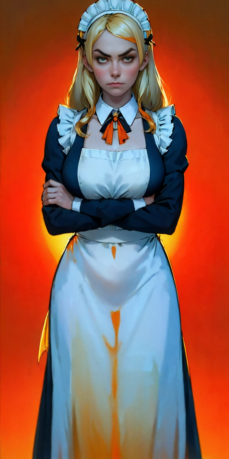 1girl, apron, blonde hair, bow, breast hold, breasts, brooch, closed mouth, crossed arms, dress, dusk, enmaided, evening, frown, ginkgo leaf, gradient, gradient background, long hair, long sleeves, looking at viewer, maid, maid apron, maid headdress, medium breasts, orange background, orange sky, orange theme, ribbon, solo, sunflower, sunset, v-shaped eyebrows, white apron, yellow background, yellow sky, yellow theme
