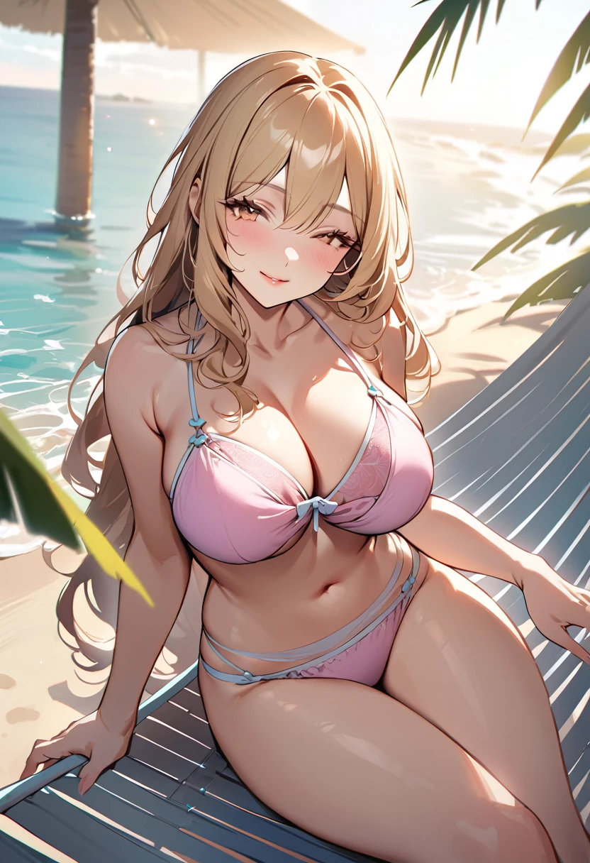 1 lady, 20 years old, blonde hair, long hair, wavy hair, light brown eyes, huge breasts,
BREAK (masterpiece), (high resolution 8K), cinematic lighting, professional lighting, detailed eyes and face, detailed body, 
BREAK　A beautiful  woman stands at the end of a wooden jetty, her gaze pensive as she looks out over the calm, azure sea. She’s wearing a sleek, navy blue bikini that contrasts elegantly with the light wood and the clear blue water. Her hands are lightly clasped in front of her, and her posture is relaxed yet composed. The camera captures her from a medium distance, allowing the length of the jetty and the vast ocean to frame her thoughtfully, emphasizing a moment of solitude and reflection