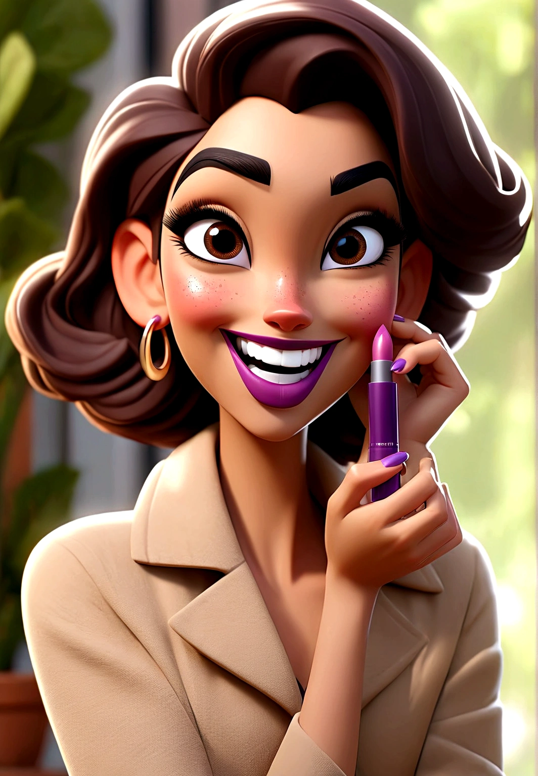 a close up of a woman holding a lipstick in her hand, thick bushy straight eyebrows, smiling and looking directly, big bold thick eyebrows, thick eyebrows, violet myers, without makeup, flawless olive skin, gorgeous latina face, large eyebrows, straight eyebrows, relaxed eyebrows, perfectly lit face, she is smiling and excited, perfectly clear face, looking straight to camera