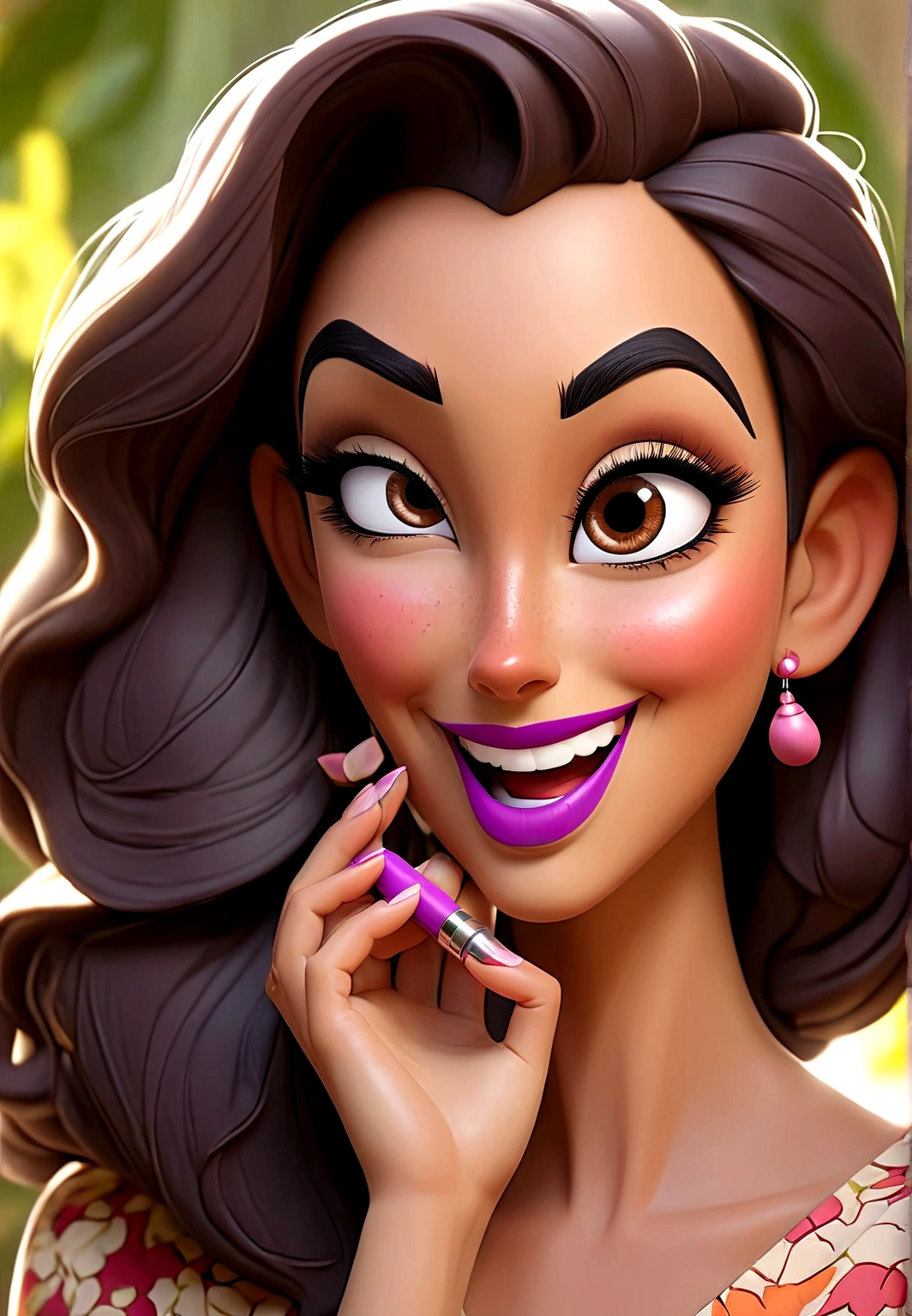 a close up of a woman holding a lipstick in her hand, thick bushy straight eyebrows, smiling and looking directly, big bold thick eyebrows, thick eyebrows, violet myers, without makeup, flawless olive skin, gorgeous latina face, large eyebrows, straight eyebrows, relaxed eyebrows, perfectly lit face, she is smiling and excited, perfectly clear face, looking straight to camera
