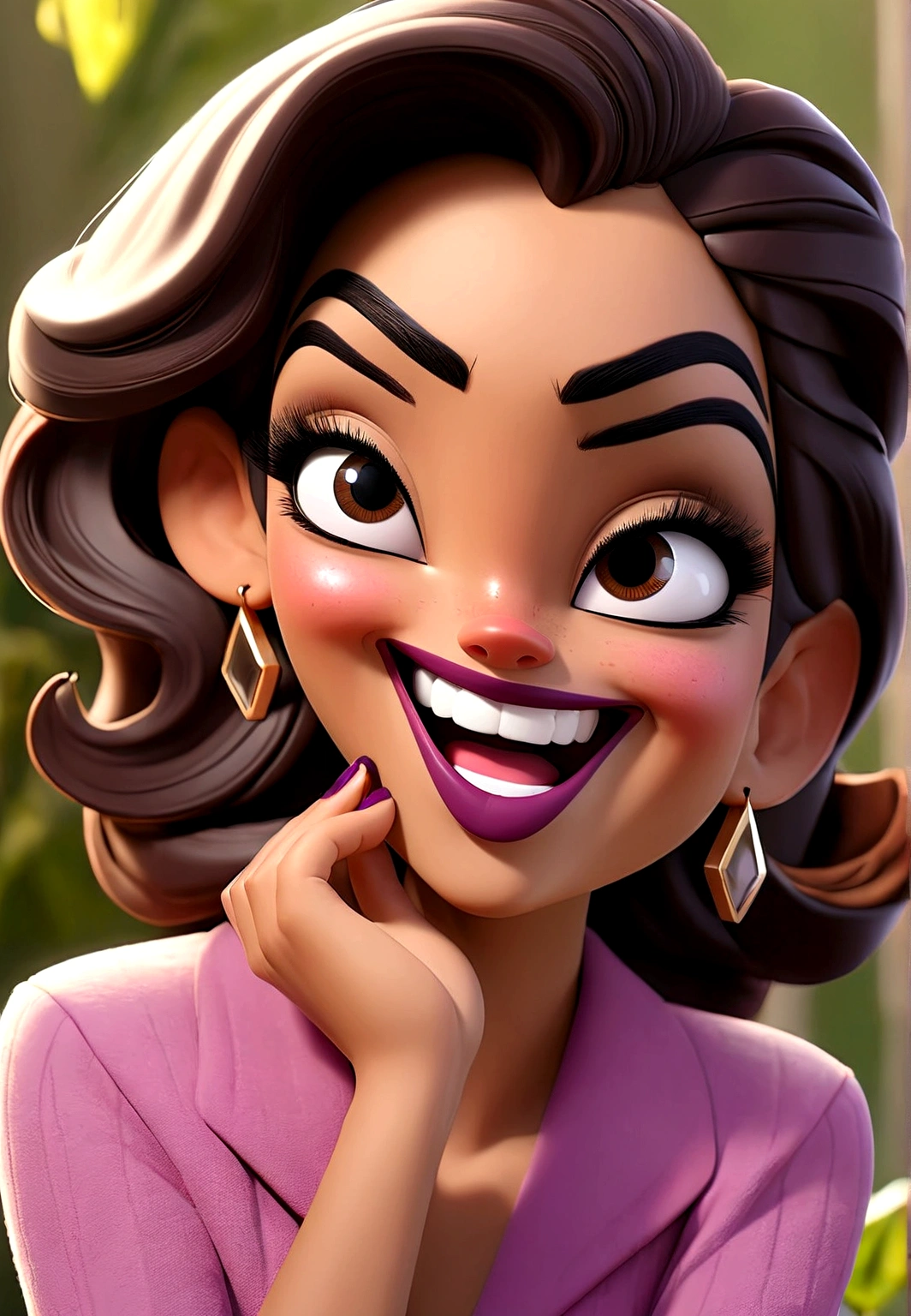 a close up of a woman holding a lipstick in her hand, thick bushy straight eyebrows, smiling and looking directly, big bold thick eyebrows, thick eyebrows, violet myers, without makeup, flawless olive skin, gorgeous latina face, large eyebrows, straight eyebrows, relaxed eyebrows, perfectly lit face, she is smiling and excited, perfectly clear face, looking straight to camera
