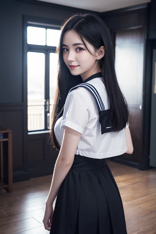 full_body shot,mini skirt,tall stature,(sailor uniform:1.2),lingerie,rainy,(:1.3),(huge breast,cleavage,gigantic breast:1.3),natural make,beautiful face,smile,bob,(Highly detailed face and skin texture:1.4),(solo:1.3), best quality ,masterpiece,ultra high res,(photo realistic:1.3),(8k uhd,RAW photo:1.2),35mm lens, f/1,(Detailed eyes:1.2), Double eyelid,(white background: 1.3)
