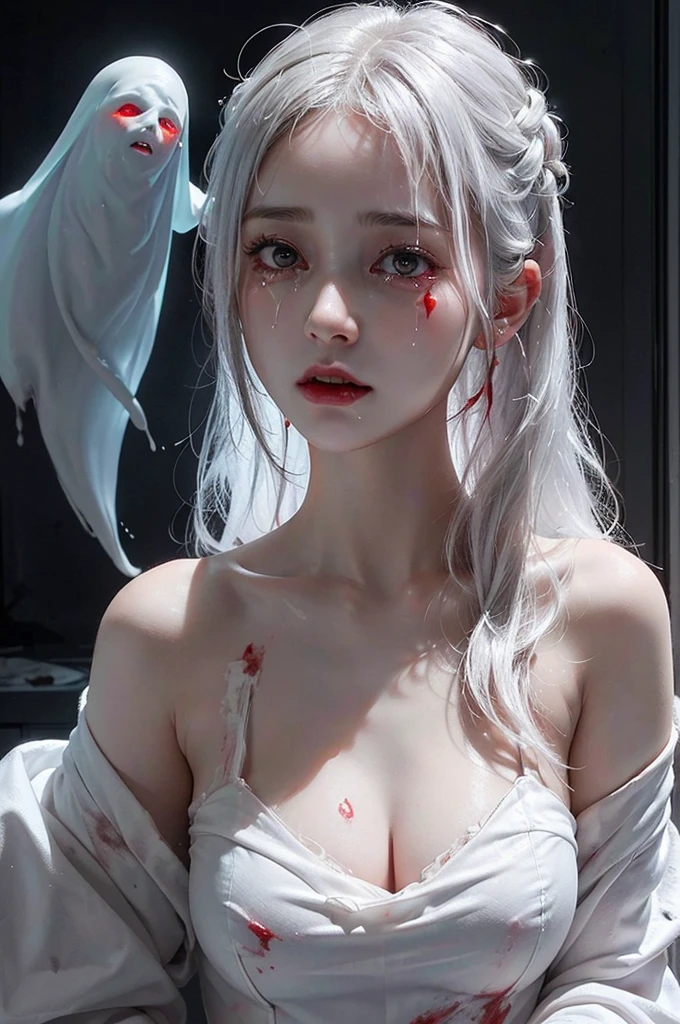 Highest quality, masterpiece, look up, Upper Body, cute,(Horror),(((Female ghost,Dead,Bleeding,Shedding tears of blood))),(Sexy),(sexy),(Completely naked),(White robes),Baby Face,Black Hair,(((Large breasts))),(Masturbation),Beautiful Style,Pale skin,Sensual look,(Dark atmosphere,fear),Dim lighting