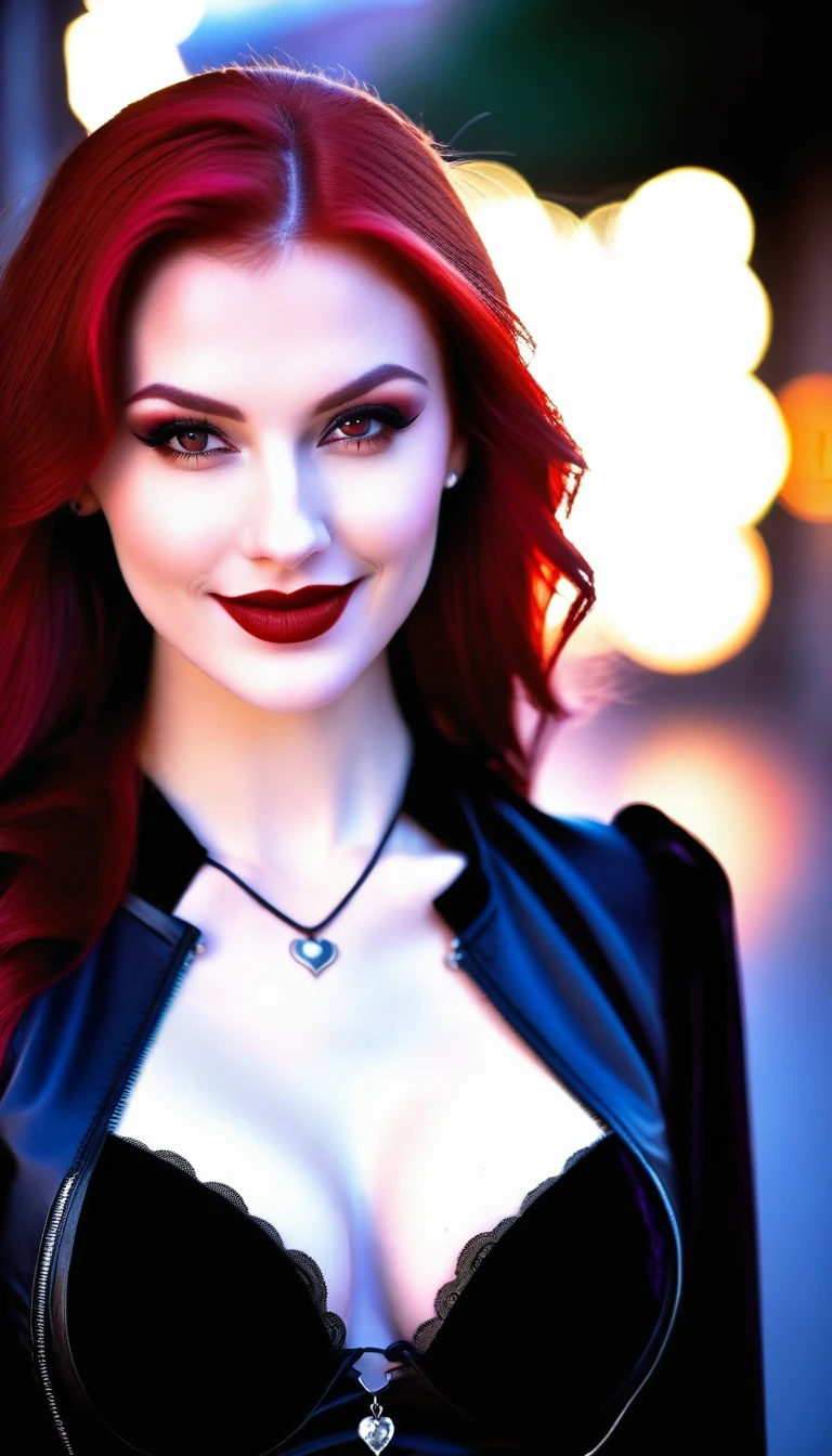 (SHE IS A VAMPIRE), (MOST BEAUTIFUL GIRL IN THE WORLD), (LARGE BREASTS AND CLEAVAGE VIEWER CAN NOT SEE BREASTS), (CUTE SMILE RED LIPS),(RAW),(VAMPIRE TEETH WITH SMALL AMOUNT OF BLOOD BY THE EDGES OF HER LIPS),(VAMPIRE TEETH),dark shot, city street, pastel goth, sexy goth girl, photo of cute 24 y.o redhead woman, cinematic shot, hard shadows, photorealistic, cute face, looking at viewer