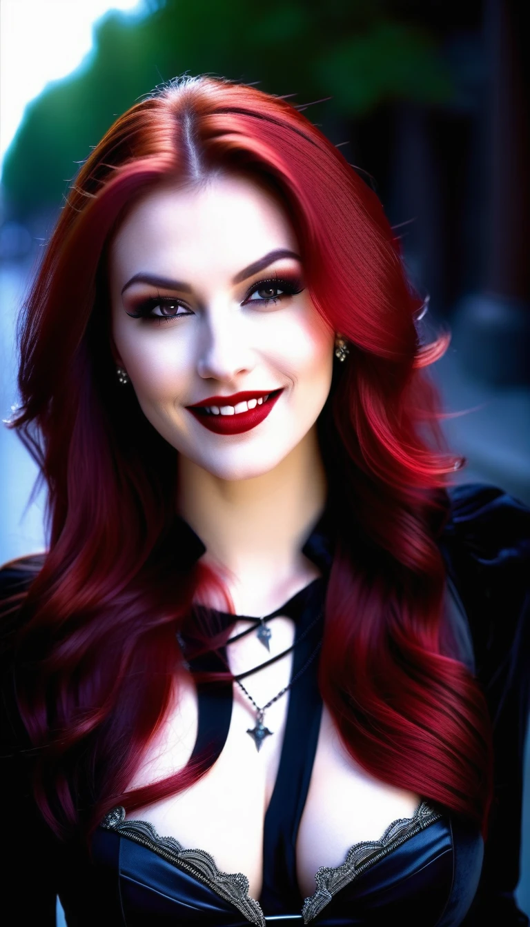 (SHE IS A VAMPIRE), (MOST BEAUTIFUL GIRL IN THE WORLD), (LARGE BREASTS AND CLEAVAGE VIEWER CAN NOT SEE BREASTS), (CUTE SMILE RED LIPS),(RAW),(VAMPIRE TEETH WITH SMALL AMOUNT OF BLOOD BY THE EDGES OF HER LIPS),(VAMPIRE TEETH),dark shot, city street, pastel goth, sexy goth girl, photo of cute 24 y.o redhead woman, cinematic shot, hard shadows, photorealistic, cute face, looking at viewer