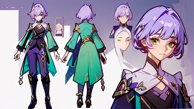 (Masterpiece, best quality), detailed, 1 woman, ((character concept art)), ((character design sheet, same character, front, side, back)), full body, body complete, 1 female, 1 women. Detailed face, character design sheet full body, Highly detailed, character sheet, character design, Many parts, pale skin, green eyes, short purple hair degraded to green, male hairstyle, short male hair, lavender flower, lavender flower reference, lavender flower character reference, lavender flower inspired, male clothes, male clothing, flat chest, Solarpunk, Solarpunk reference, Solarpunk inspired outfit, pants, white, gold, pastel purple, dark green outfit color palette.
