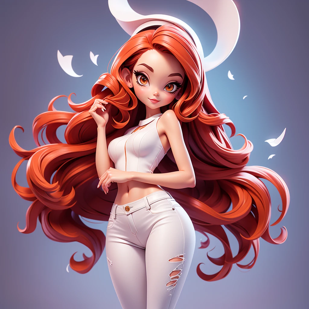 A sexy cartoon woman in white dress posing gracefully for a photo, beauty in jeans, long straight red hair, Waist slender, sexy girl, mulher de corpo inteiro, wearing jeans, beautiful seductive woman, slender figure, cartoon vector style, corpo pin-up, Broad Hips
