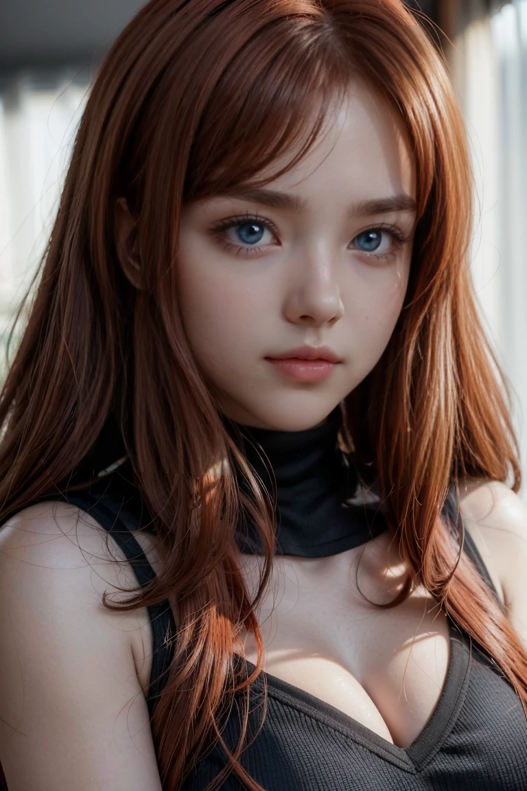 a close up of a person in a uniform with long red hair, erza scarlet as a real person, rias gremory, female anime character, anime girl named lucy, best anime character design, she has red hair, seductive anime girl, anime character, with red hair, anime best girl, with long red hair, anime woman fullbody art...1 solo, Style: portrait, blurred background f1.2, full HD resolution, 8k, Dark vignette at the edges, cinematic effect with soft shadows and light and shadow curve at -10, best quality, professional realistic, detailed eye, double eyelid, brighten skin, real hair, realistic skin texture, Masterpiece texture, realistic clothing texture, perfect face and body.