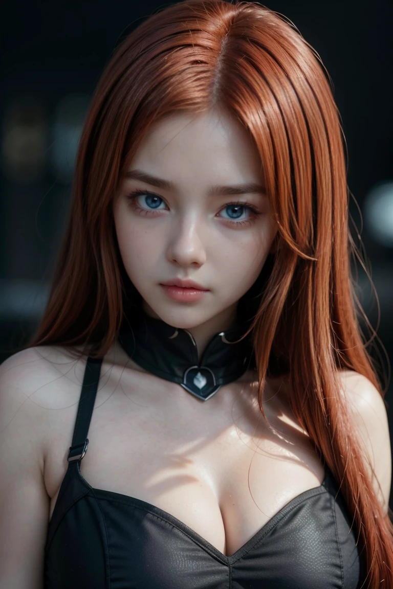 a close up of a person in a uniform with long red hair, erza scarlet as a real person, rias gremory, female anime character, anime girl named lucy, best anime character design, she has red hair, seductive anime girl, anime character, with red hair, anime best girl, with long red hair, anime woman fullbody art...1 solo, Style: portrait, blurred background f1.2, full HD resolution, 8k, Dark vignette at the edges, cinematic effect with soft shadows and light and shadow curve at -10, best quality, professional realistic, detailed eye, double eyelid, brighten skin, real hair, realistic skin texture, Masterpiece texture, realistic clothing texture, perfect face and body.