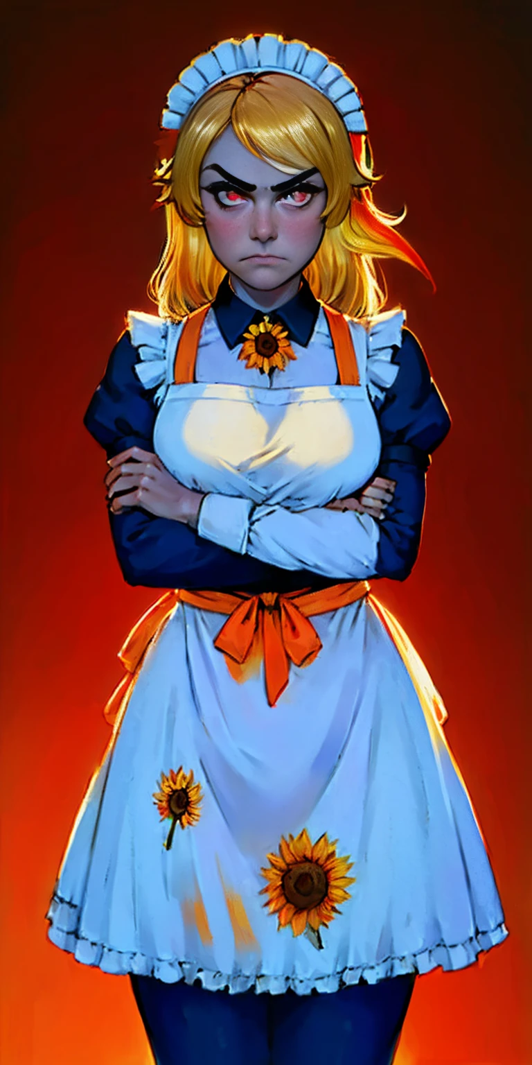 1girl, apron, blonde hair, bow, breast hold, breasts, brooch, closed mouth, crossed arms, dress, dusk, enmaided, evening, frown, ginkgo leaf, gradient, gradient background, long hair, long sleeves, looking at viewer, maid, maid apron, maid headdress, medium breasts, orange background, orange sky, orange theme, ribbon, solo, sunflower, sunset, v-shaped eyebrows, white apron, yellow background, yellow sky, yellow theme