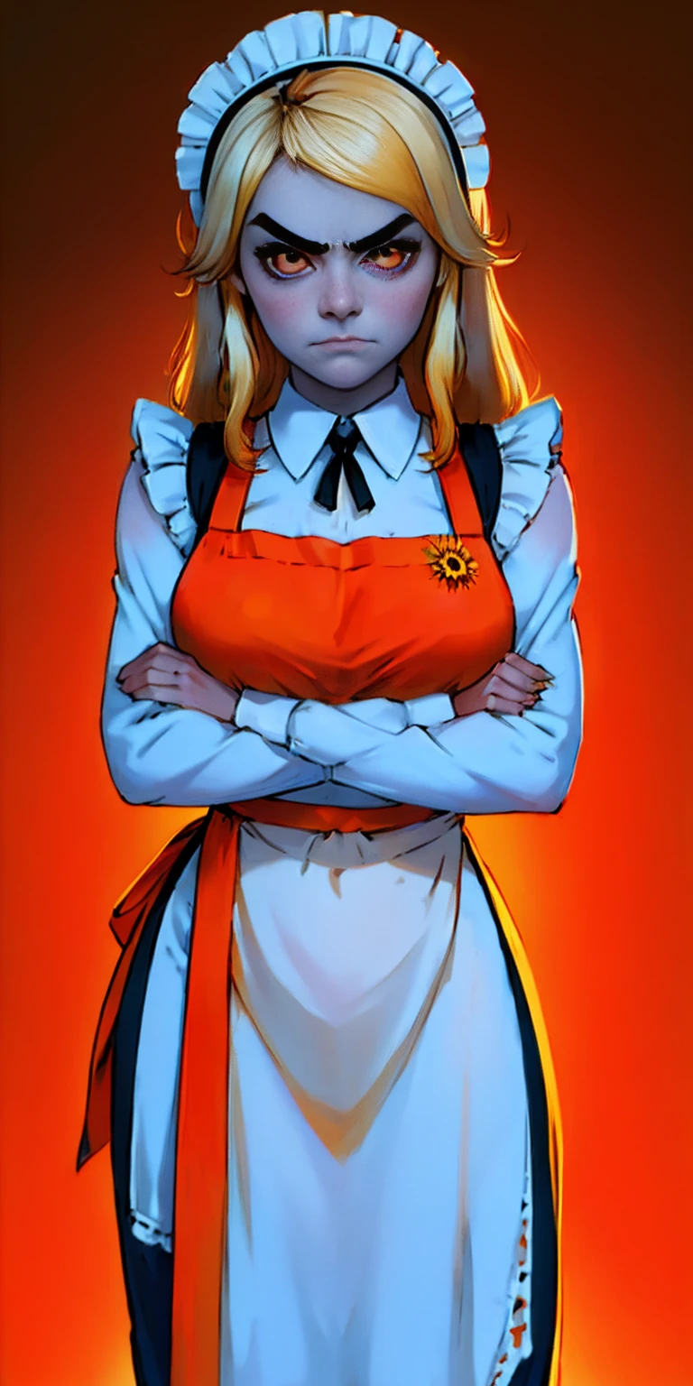 1girl, apron, blonde hair, bow, breast hold, breasts, brooch, closed mouth, crossed arms, dress, dusk, enmaided, evening, frown, ginkgo leaf, gradient, gradient background, long hair, long sleeves, looking at viewer, maid, maid apron, maid headdress, medium breasts, orange background, orange sky, orange theme, ribbon, solo, sunflower, sunset, v-shaped eyebrows, white apron, yellow background, yellow sky, yellow theme