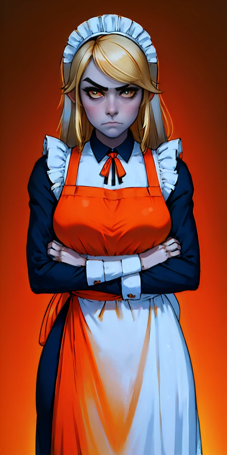 1girl, apron, blonde hair, bow, breast hold, breasts, brooch, closed mouth, crossed arms, dress, dusk, enmaided, evening, frown, ginkgo leaf, gradient, gradient background, long hair, long sleeves, looking at viewer, maid, maid apron, maid headdress, medium breasts, orange background, orange sky, orange theme, ribbon, solo, sunflower, sunset, v-shaped eyebrows, white apron, yellow background, yellow sky, yellow theme