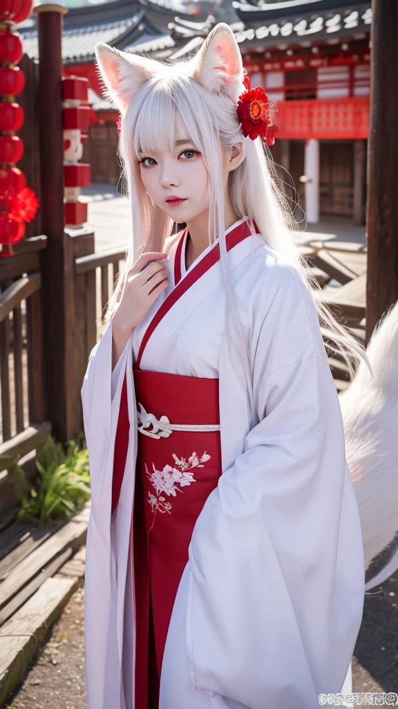 White Demon Fox、Nine-tailed Fox、Japanese women、kimono、Fair skin、Red lines on face、8K、I have long hair