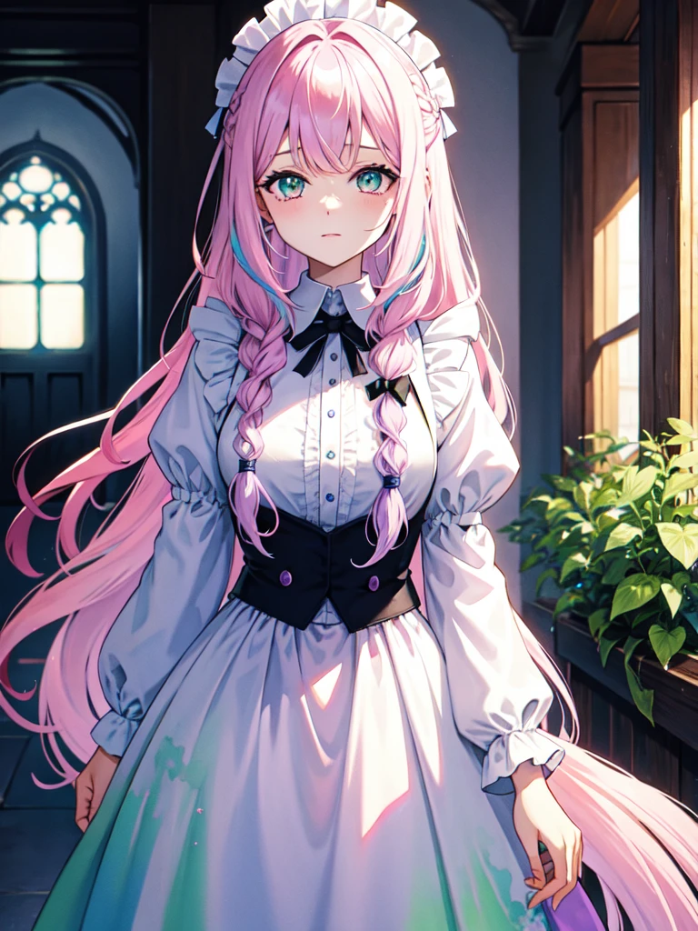 maid, watercolor画, （Gradient braided hair, Light pink hair, (Ink blotches:1.1), (pale:1.2),(Light purple:1.2),(Light green:1.2)　and（Lightless, Eyes without highlights, Evil Eye, A bad looking person with white eyes, It&#39;s a red eyeliner）,whole body絵, She is wearing a maid uniform and the background is a dark and desolate landscape., Horror movie atmosphere. Her figure is extremely beautiful, Emphasizing the dark and crazy elements. Skillfully expressing the effects of light and shadow, detailed, The face and expression of the black costume are also carefully drawn..., Artistic elements add depth to the work. The overall atmosphere is creepy and nightmarish..., With a unique artistic touch. This movie is、The dark and crazy world of horror movies depicted in HD., Evoke visual stimuli and aesthetic sense, It will terrify and excite the audience....,sketch (Character design sheet, same characters, whole body, Three-View, front, ~ ~ ~ side, return) and a mature face,tall, Wearing black tights,Green Eyes, The skin is hidden　and 1 female, Nervous,Cowboy Shot,,(Very bright:1.1), White Background, [1 Girl:7], (Tilt your head:1.2), ([sketch|watercolor \(Moderate\)]:1.15),Chaotic Abstract Background, Vector Trace, Gradient Blending, Bright colors, that&#39;wonderful, 非常にdetailed, Complex, (Very low contrast:1.4)