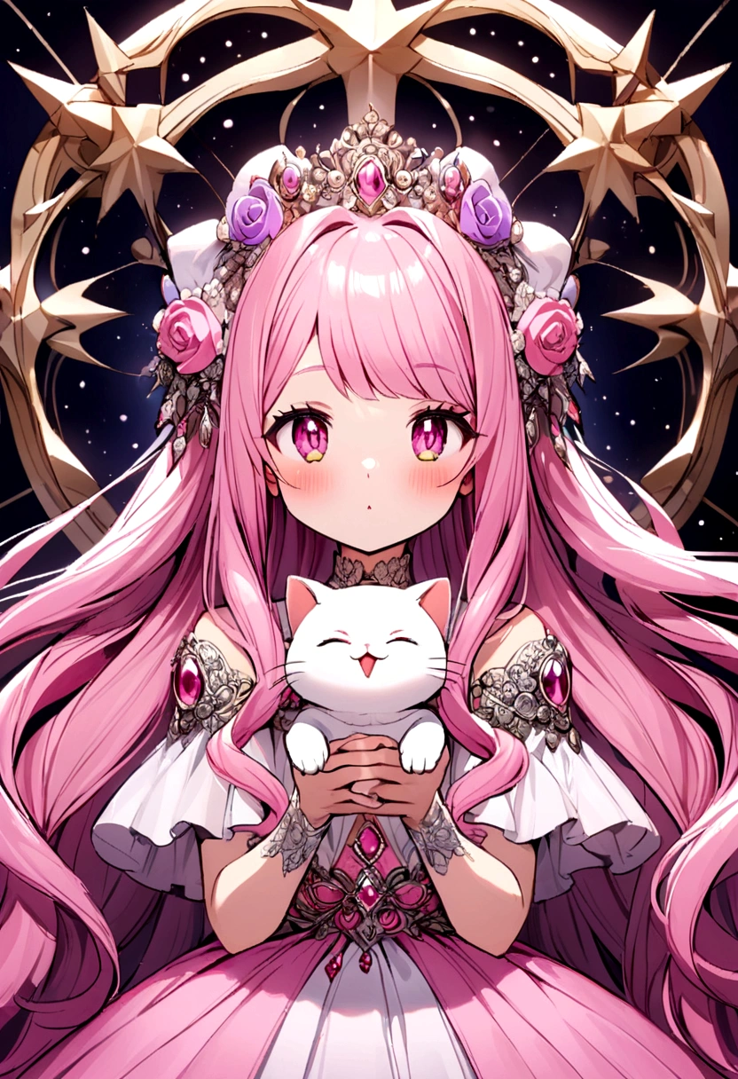 Pink long-haired girl holding a white cat，Cure，Sleepy beautiful girl