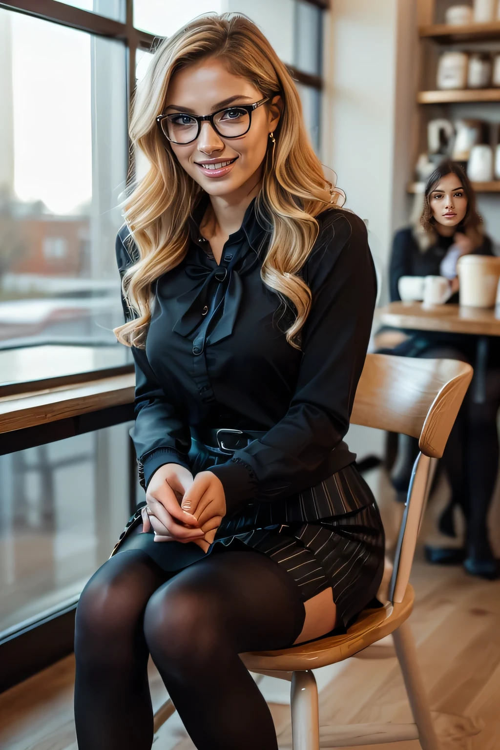 high quality,16K:1.1),((, German women sitting on chairs in a coffee shop)Facing each other across the desk,Chatting 、(Full Body Shot:1.2),(),Blonde wavy hair、Glasses、ear piercing、smile、Beautiful teeth alignment、((Long sleeve blouse、Knee-length skirt、tights、pumps)), ,(View your audience:1.3),The background is a coffee shop