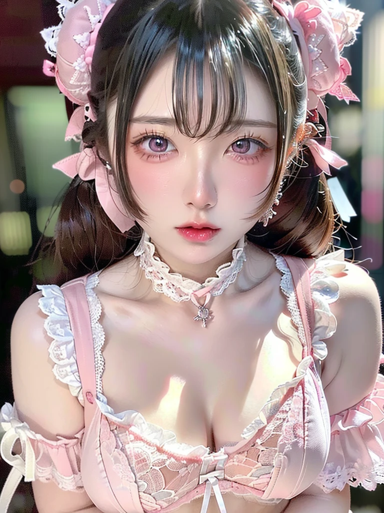 ((Highest quality)),(Ultra-high resolution),(Very detailed),(Detailed Description),((The best CG)),(masterpiece),Very detailedなアート、Small breasts、Whitening 1.5、Translucent white skin、(((Pink lace bra 1.5)))、High Leg 1.4、Ribbon hair ornament、(((Twin Tail Hairstyle 1.5)))Tying up hair、Glitter Necklace、Ultimate Beauty 1.5、((( Place your right hand on your mouth 1.5)))、Open your mouth、(((Mid-shot photo 1.5)))