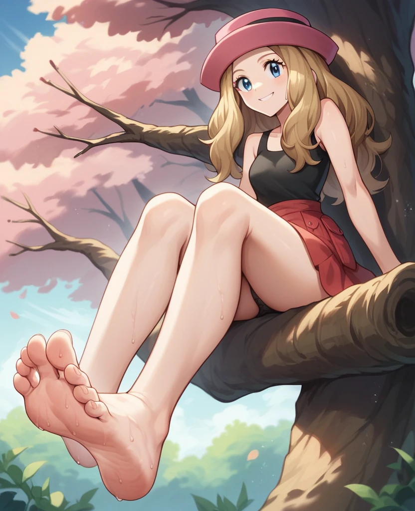 Masterpiece, Best Quality, high resolution, vegetation and trees in the background, A girl, alone, blue eyes, long hair, blonde color, funny look, sitting at the top of a tree on a branch, smiling, serena (pokemon), pink hat, black shirt, bare shoulders, Red skirt, bare legs stretched and apart, barefoot, soles of feet hanging , head on, black panties, sweaty feet, (view from the ground up)