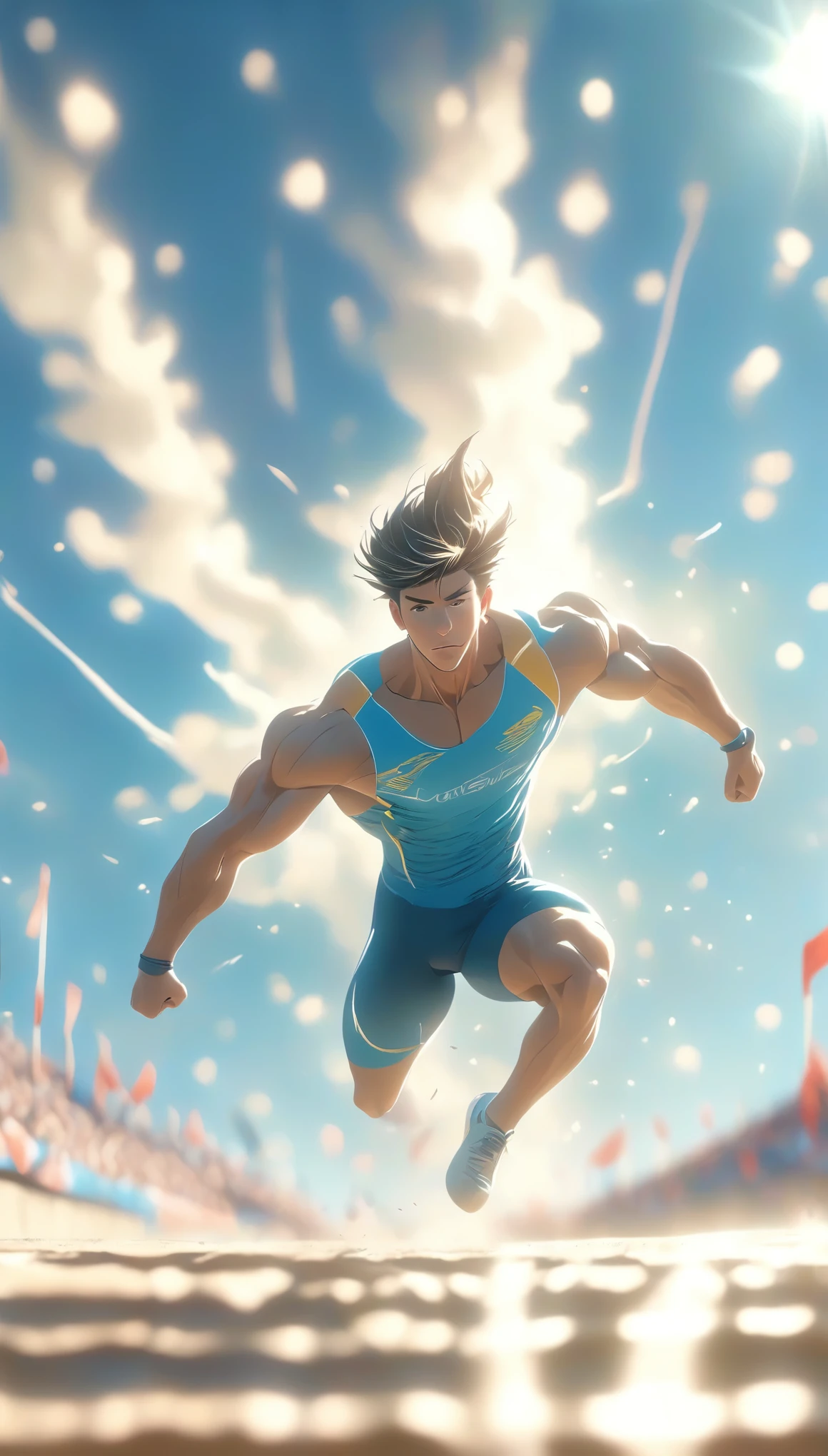 long shot, full body:1.4, a man, olympic pole vaulter:1.5, dynamic action pose, muscular athletic body, strong arms, intense focus, blue sky, outdoor stadium, crowd cheering, olympic games, sports competition, dynamic motion blur, dramatic lighting, cinematic composition, hyper-realistic, photorealistic, 8k, high quality, intricate details