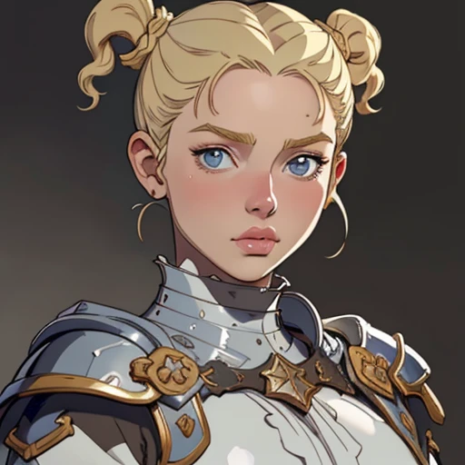 (masterpiece), (best quality),(portrait),(bust up),1girl,solo,(sharp focus),(look at viewer),blond hair,dwarf girl,dwarf,farnearm, short twintails ,fat ,ancient luxurious long clothes,armor,(simple background),old school fantasy art,super shiny face,Ultra Glossy Skin,(lips:0.7), mature female