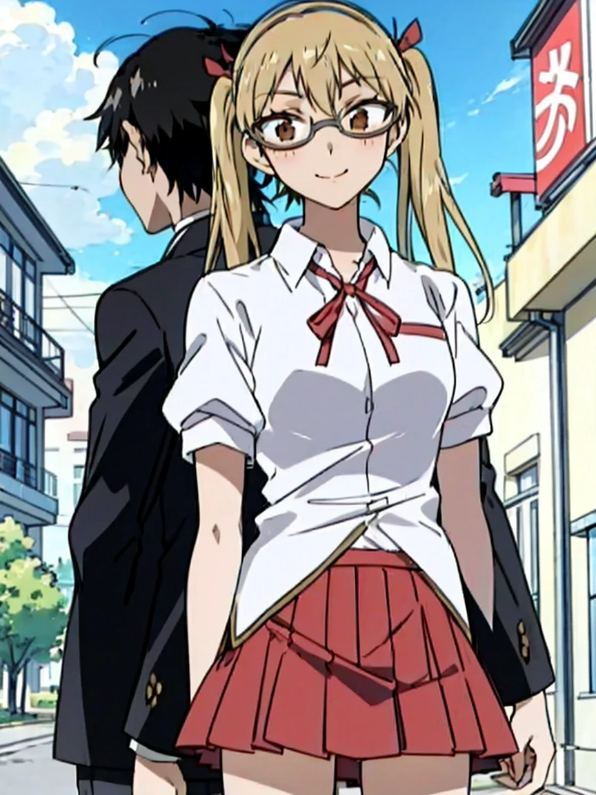 1 boy and 1 girl stand in the street,twintails,sawachika eri, brown eyes, hair ribbon,harimakenji, glasses, ,school uniform, red pleated skirt,eri,hairband, looking_at_viewer, serious, gakuran, white_shirt,smile,happy,two persons