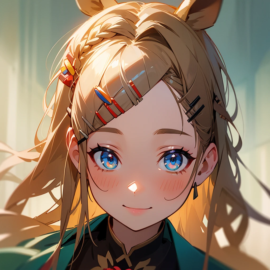 best quality,masterpiece, 1 girl, solo, MODELSHOOT, amazing, Alina, (((portait))), anthlers, deer ears, look at users, smile, blush, hairpin,(( braid)), hair ornaments, ((hairclip)),