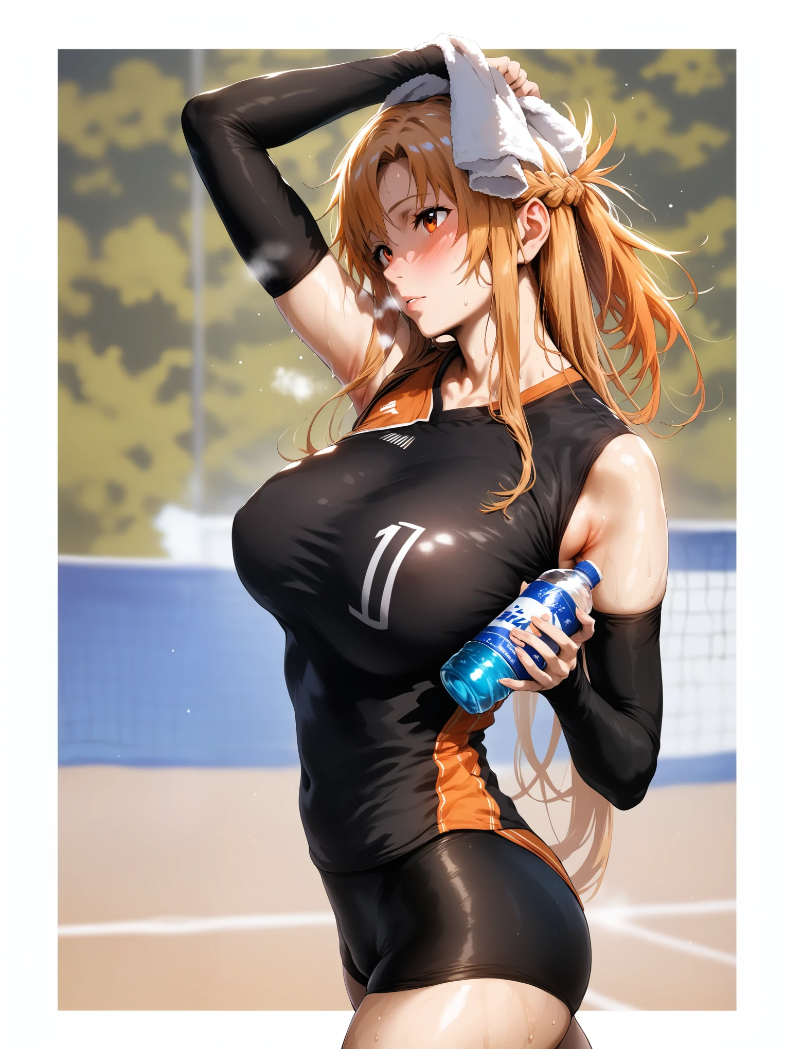 (hero neisan art style:0.7), score_9, score_8_up, score_7_up, score_6_up, uncensored, asuna yuuki from sword art online, orange hair, long hair, orange eyes, fold, BREAK (masterpiece:1.2), best quality, high resolution,(detailed eyes:1.3), perfect lighting, (perfect hands, perfect anatomy), large breasts, bottle, towel, sweating, solo, blurry, blurry_background, breasts, water_bottle, blush, armpits, holding_bottle, volleyball_uniform, sleeveless, looking_at_viewer, sportswear, gasping, heavy breathing, tired, 