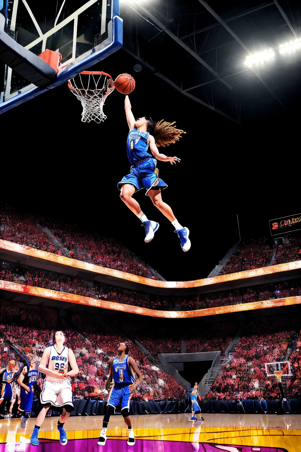 (1girl, solo), A dynamic scene of a beautiful basketball player soaring through the air for an epic dunk. The athlete's powerful leap is captured at its peak, with the ball about to slam into the hoop. The background features a packed stadium with roaring fans, colorful banners, and intense lighting. The player's uniform is vibrant and stylish, showcasing their team colors and logo. The moment is frozen in time, highlighting the athleticism, skill, and excitement of the game. Highly detailed, vibrant colors, dynamic action, energetic atmosphere.
