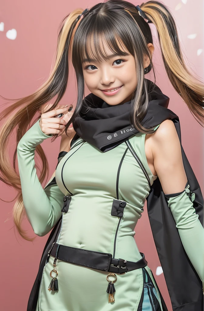 (8K、Raw photography、Highest quality、masterpiece:1.2),(Black Hair、Dark Eyes:1.9),(:1.6)、View your viewers,Front view,White skin,(Twin tails:1.4)、(Tight waist:1.6)、(Clothes that accentuate the shape of the breasts:1.0)、(Big Breasts :1.3)、Slim figure、Ultra-high resolution,beautiful,beautiful fece,(One person、No background:1.9),whole bodyボディー,Japanese women,(reality的:1.37)、Photon Mapping,reality、(Baby-faced and cute: 1.4)、(Cute Smile: 1.8)、(Round face: 1.8)、Radio City、Physically Based Rendering、Depth of field rally background、photograph, (I can see your knees、Thigh close-up:1.8),(:1.6),whole body、Great quality