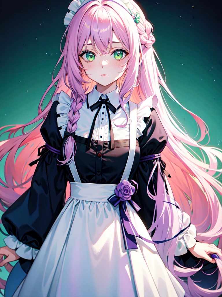 maid, watercolor画, （Gradient braided hair, Light pink hair, (Ink blotches:1.1), (pale:1.2),(Light purple:1.2),(Light green:1.2)　and（Lightless, Eyes without highlights, Evil Eye, A bad looking person with white eyes, It&#39;s a red eyeliner）,whole body絵, She is wearing a maid uniform and the background is a dark and desolate landscape., Horror movie atmosphere. Her figure is extremely beautiful, Emphasizing the dark and crazy elements. Skillfully expressing the effects of light and shadow, detailed, The face and expression of the black costume are also carefully drawn..., Artistic elements add depth to the work. The overall atmosphere is creepy and nightmarish..., With a unique artistic touch. This movie is、The dark and crazy world of horror movies depicted in HD., Evoke visual stimuli and aesthetic sense, It will terrify and excite the audience....,sketch (Character design sheet, same characters, whole body, Three-View, front, ~ ~ ~ side, return) and a mature face,tall, Wearing black tights,Green Eyes, The skin is hidden　and 1 female, Nervous,Cowboy Shot,,(Very bright:1.1), White Background, [1 Girl:7], (Tilt your head:1.2), ([sketch|watercolor \(Moderate\)]:1.15),Chaotic Abstract Background, Vector Trace, Gradient Blending, Bright colors, that&#39;wonderful, 非常にdetailed, Complex, (Very low contrast:1.4)